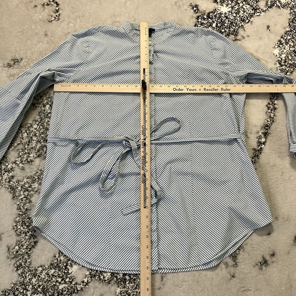 Ann Taylor Shirt Womens Sz XL Blue White Striped Long-Sleeve Blouse Tie Waist - Picture 2 of 7